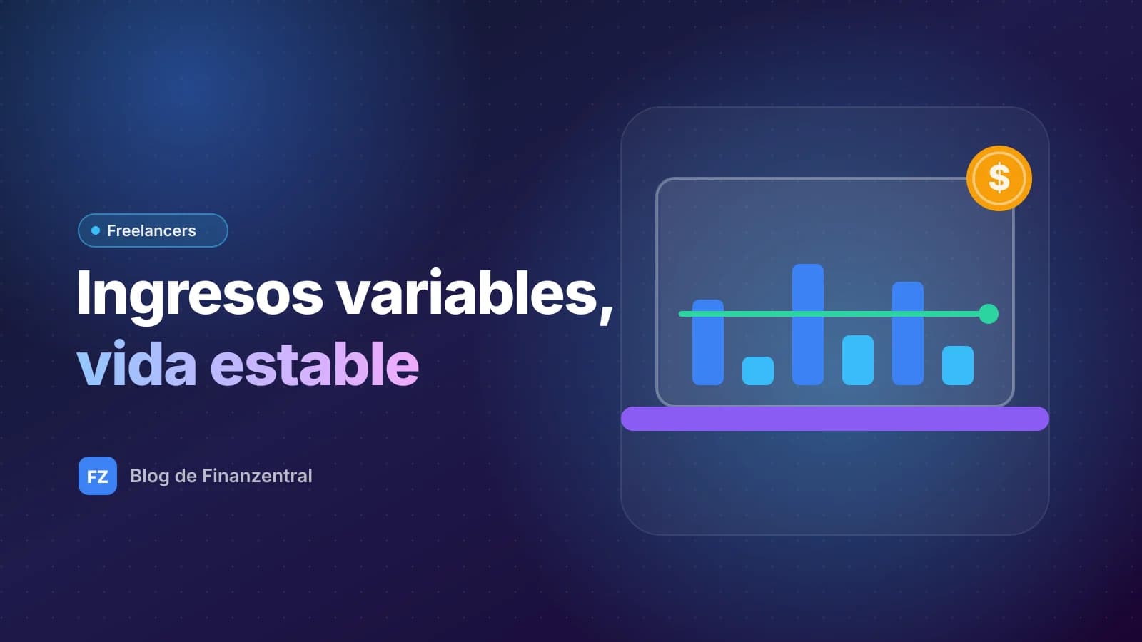 Ilustración plana de una laptop con barras de ingresos irregulares y una línea verde estable encima, con el texto Ingresos variables, vida estable