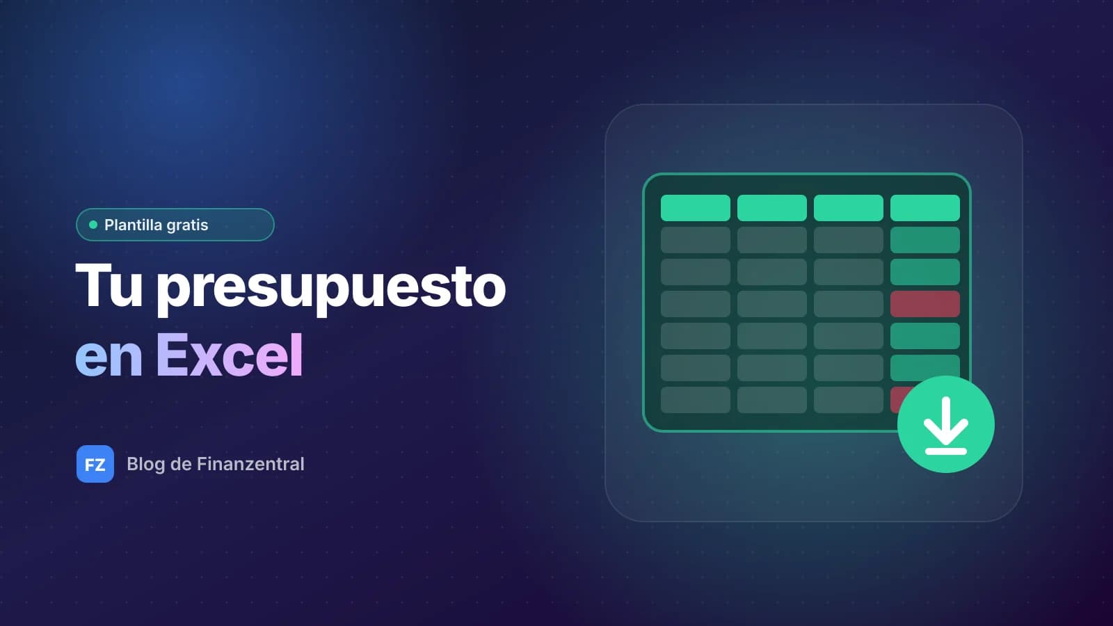 Ilustración plana de una hoja de cálculo verde con columnas de presupuesto y una flecha de descarga, con el texto Tu presupuesto en Excel